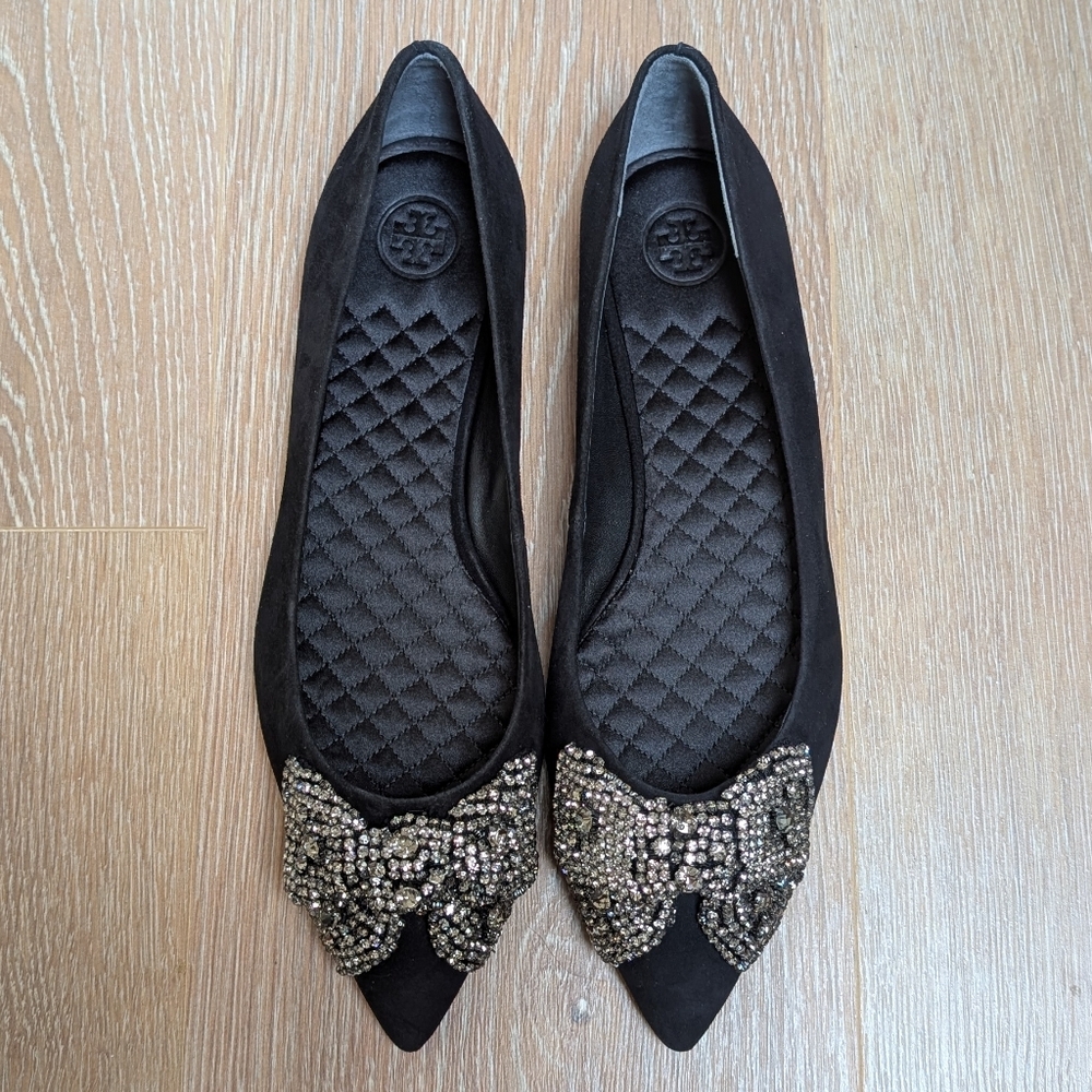 NIB Tory Burch Esme Black Crystal Bow Ballet Flats